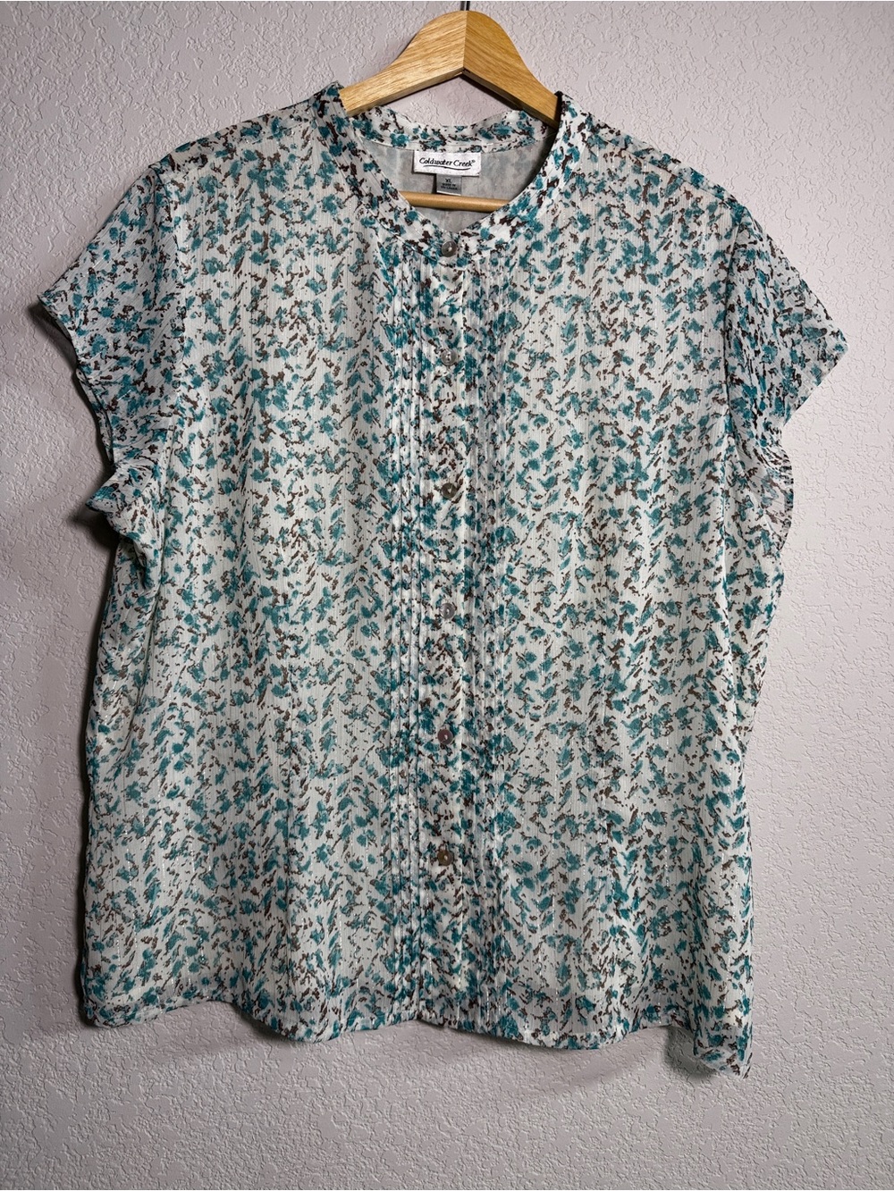 Coldwater Creek Blouse Women XL Teal Floral Metallic Pintuck Button Short Sleeve